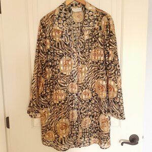 Fitting Image Sheer Button Up Rose Animal Print Tunic Gold Black Size 18